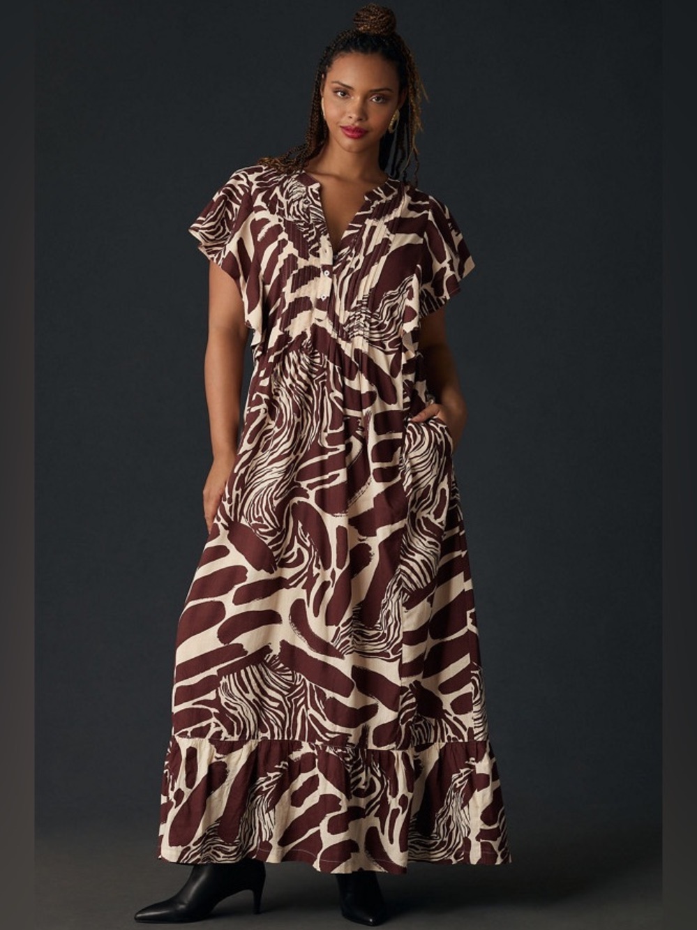 Brown & Cream Printed Flutter-Sleeve Maxi Dress